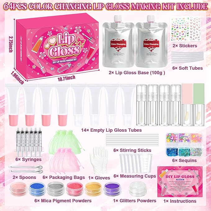 Jcoos Lip Gloss Making kit, Color Changing Lip Oil 64PCS Make Your Own Lip Gloss Kit, Flavored Lip Gloss Moisturizing, Lipgloss Sets for Girls Women Adults Kids Lip Gloss, Christmas Gifts Girl Stuff