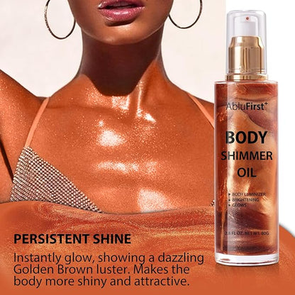 Shimmer Body Oil 4 Colors Face Glitter Summer Body Makeup Moisturizing Light Shimmering Glow Non-Sticky Party Luminizer and Illuminator Smooth (2.8 Fl Oz Pack of 1, Golden Brown)