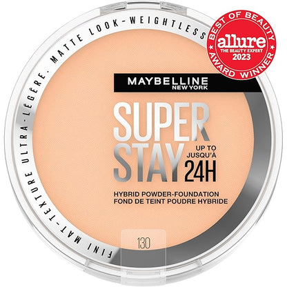 Maybelline Super Stay Up to 24HR Hybrid Powder-Foundation, Medium-to-Full Coverage Makeup, Matte Finish, 130, 1 Count