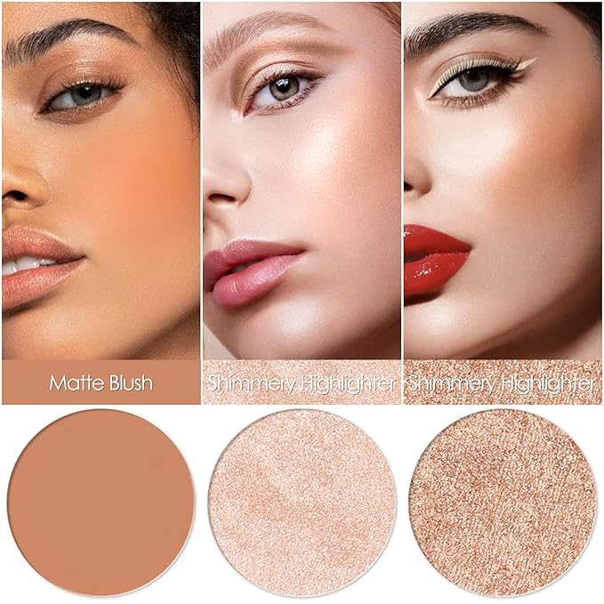 FOCALLURE Blush and Highlighter Palette,3 in 1 Makeup Powder Cruelty-Free Matte Blush,Shimmer Illuminator Highlighters for a Glowing Look,#02
