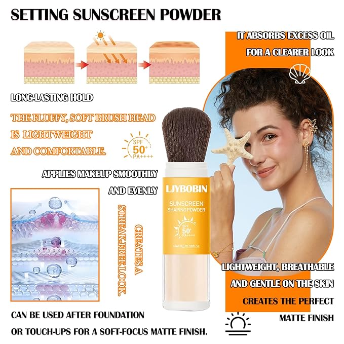 Sunscreen Setting Powder,SPF 50+ PA++++,Oil Control Waterproof Mineral Powder Sunscreen,Lightweight Long Lasting Matte Sunscreen Powder with Sunscreen Brush
