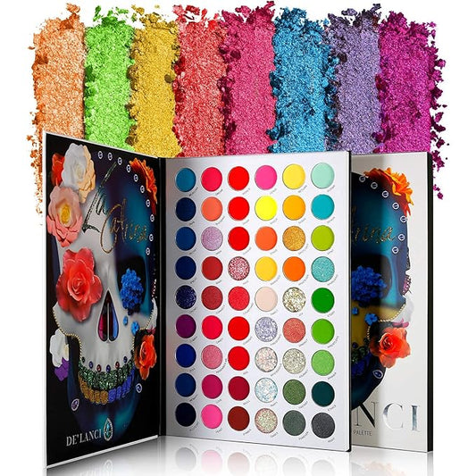 La Catrina 54 Color Pro Eyeshadow Palette Glow in Dark- Glitter, Shimmer, Matte & Multichrome Eye Shadow, Long Lasting Neon Blacklight Makeup Pallet for Halloween, Party, Costume Makeup, Cruelty-Free