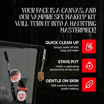 Vampire SFX Makeup Kit - Wicked Bite Special Effects Face Makeup Set with 1/2 Oz. Extra Thick Fake Blood, Black Pencil Liner, Stipple Sponge and Zipper Bag for Halloween or Stage - Bloody Mary
