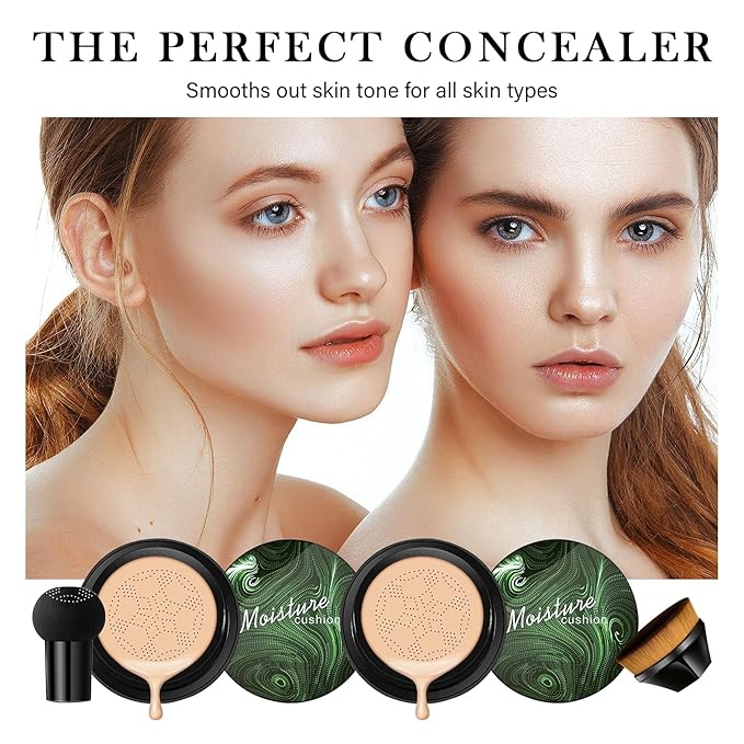Mushroom Head Air Cushion CC Cream Foundation, 2PCS Full Coverage Concealer Foundation Face Makeup Set with Makeup Brush, Long-lasting Oil Control Moisturizing BB Cream, Even Skin Tone, Natural