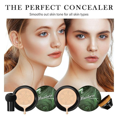 Mushroom Head Air Cushion CC Cream Foundation, 2PCS Full Coverage Concealer Foundation Face Makeup Set with Makeup Brush, Long-lasting Oil Control Moisturizing BB Cream, Even Skin Tone, Natural
