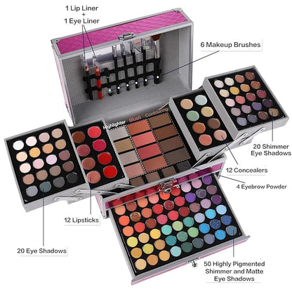 All in One Makeup Gift Set for Women Girls Full Kit, Includes Eyeshadow, Lipstick, Concealer, Highlighter, Eyebrow Powder, Blush, Contour, Lip Liners, Eyeliner, Brushes (Cerise)