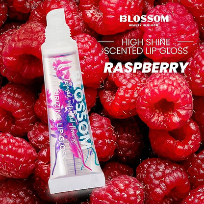 Blossom Lip Gloss Tubes, Raspeberry Scented Thick Clear High Shine Moisturizing Flower Lip Gel with Nourishing Jojoba Seed Oil, Infused with Real Flowers, 0.3oz, Raspberry