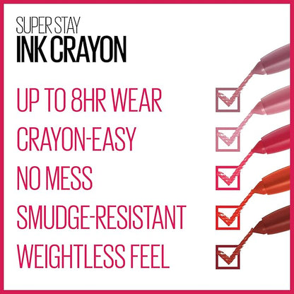Maybelline Super Stay Ink Crayon Lipstick Makeup, Precision Tip Matte Lip Crayon with Built-in Sharpener, Longwear Up To 8Hrs, Reach High, Rosey Mauve, 1 Count