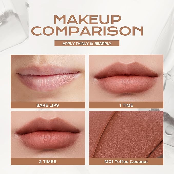 Mistine Cream Lip Gloss Thai latte Long Lasting Lip Gloss Non-sticky Silk Smooth Mist Matte Finish Lip Tint Gloss M01 Toffee Coconut 0.1 fl oz 1 Count