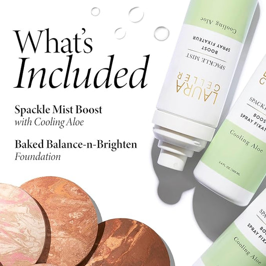 LAURA GELLER NEW YORK Baked Balance-n-Brighten Powder Foundation, Sand + Spackle Mist Boost with Cooling Aloe