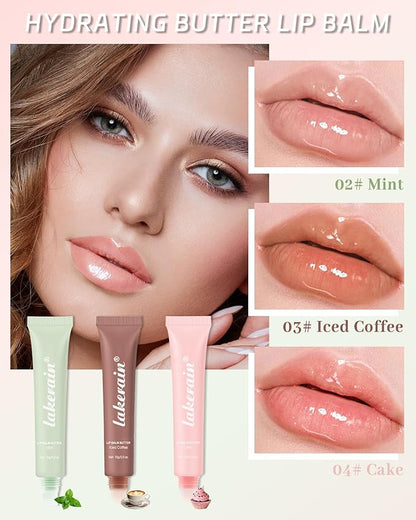 Hydrating Tint Summer Lip Butter Balm-3 Color Mint Clear Sheer Beige Brown Pink Sugar Glossy Lip Gloss,Moisturizing Non-Sticky Jelly Lip Moisturizer,Glow Reviver Lip Care Oil,Gift for Women Girl-Set E