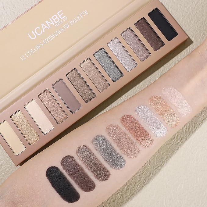 UCANBE 12 Color Eyeshadow Makeup Palette, Naked Nude Eye Shadow, Neutral Matte Shimmer Make Up Pallet with Double-ended Brush Set Kit, Highly Pigmented Long Lasting Waterproof