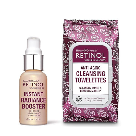 Retinol Instant Radiance Booster - Provides A Burst of Anti-Aging Hydration and Radiance + Retinol All in One Anti-Aging Cleansing Towelettes