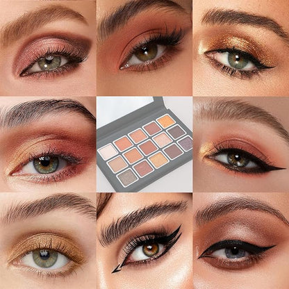 15 Colors Eyeshadow Palette Matte Shimmer Glitter, Highly Pigmented Eye Makeup, Warm Neutral Brown Red Shades, Blendable & Waterproof Eye Shadow Kit for Daily Wear, Smokey, Glam & Party Looks