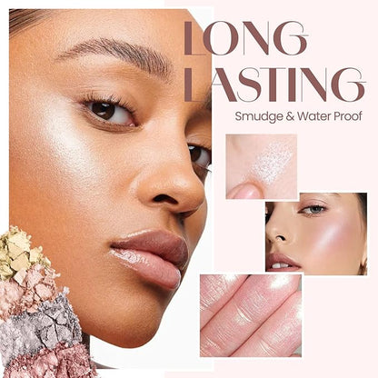 Highlighter Palette Makeup Iluminador - Glow Bronzer Powder Kit With Mirror - 4 Highly Pigmented Face Shimmer Colors - Vegan, Cruelty Free & Hypoallergenic