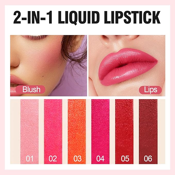 6 Colors Water Lip Tint Stain, 2 In 1 Lip & Cheek Tint Moisturizing Mini Liquid Lipstick, Matte Velvet Water Tint Lip Gloss, Blusher Water Tint Makeup, Long-lasting Waterproof Non-Sticky Lip Glaze (#06)