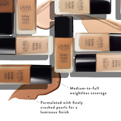 LAURA GELLER NEW YORK Filter First Luminous Liquid Makeup Foundation, Lightweight, Medium to Full Coverage, Non-Settling Formula, Cognac, 1 Fl Oz
