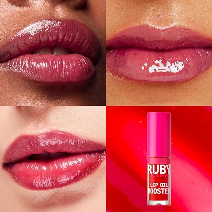Ruby Kisses Lip Oil Booster, Hydrating Lip Gloss with Nourishing Natural Oil Blend, Jumbo Wand for Easy Application, Non-Sticky Formula (Hot Cherry)
