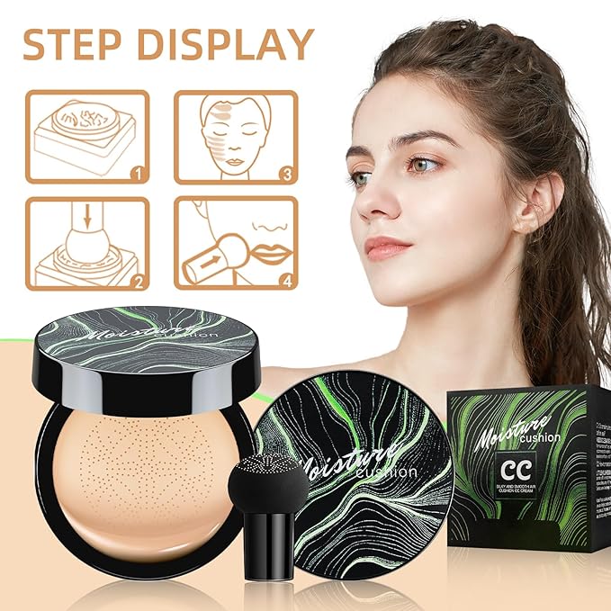 Mushroom Head Air Cushion CC Cream - BB Cream Foundation Makeup Moisturizing Concealer Long-Lasting, Cushion Foundation Full Coverage Self Adjusting for Mature Skin & All Skin Types (Nude)