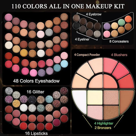 110 Colors Makeup Kit for Women Girl Full Kit Gift Set with Mirror All in One Make up Palette Included Eyeshadow Glitter Lipstick Concealer Eyeliner Eyebrow Highlighter Contour Blusher Compact PowderY