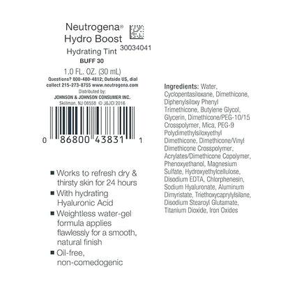 Neutrogena Hydro Boost Hydrating Tint with Hyaluronic Acid, Lightweight Water Gel Formula, Moisturizing, Oil-Free & Non-Comedogenic Liquid Foundation Makeup, 30 Buff Color, 1.0 fl. oz