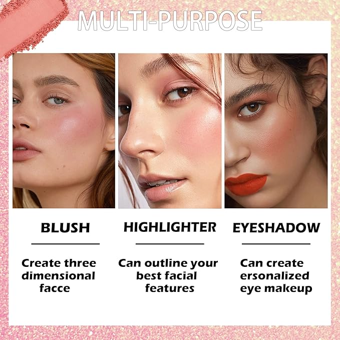 Multicolour Lasting Brightening Glow Blush Powder 3 In 1 Blush Highlighter Eyeshadow Makeup Sweat-Resistant Non-Greasy Shimmery Matte 6 Colors Natural Blusher Palette # A