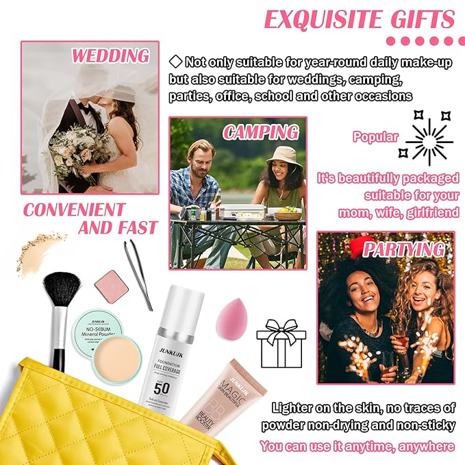 Color Changing Full Coverage Liquid Foundation Makeup Gift Set,Moisturizing BB Cream for Women,Flawless Loose Setting Powder Face Primer Base Makeup Kit With Make up Sponge