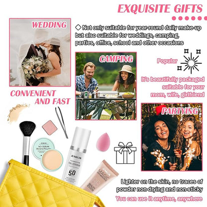 Color Changing Full Coverage Liquid Foundation Makeup Gift Set,Moisturizing BB Cream for Women,Flawless Loose Setting Powder Face Primer Base Makeup Kit With Make up Sponge