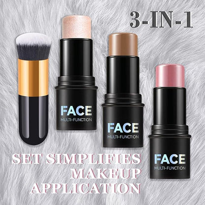 3Pcs Cream Contour Stick Makeup Kit with Makeup Brush,Shades with Highlighter,Brush Stick,Cream Bronzer for Sculpt the Cheeks,Long-lasting Waterproof Lightweight Contour Set