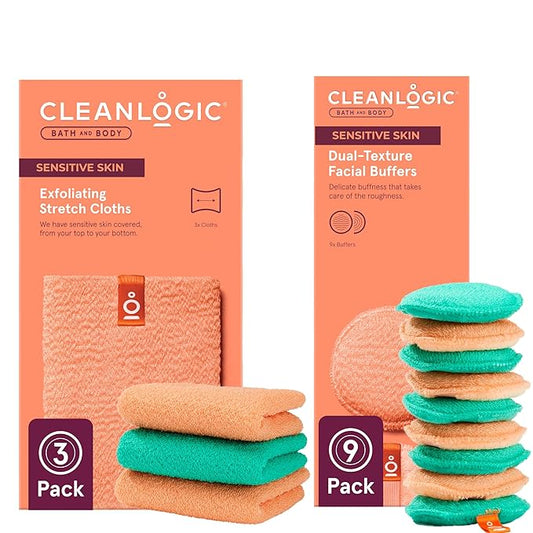 Cleanlogic Daily Skincare Set for Sensitive Skin – 3 Exfoliating Body Cloths + 9 Gentle Makeup Remover Facial Pads, Soft Texture for Smoothing & Cleansing