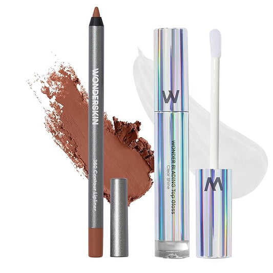 Wonderskin Lip Liner Pencil (Nutmeg) - 360 Contour Lipliner, Long Lasting, Sharpenable, Waterproof and Transfer-Proof with Clear Glitter Lip Gloss, Hydrating and High Shine Finish
