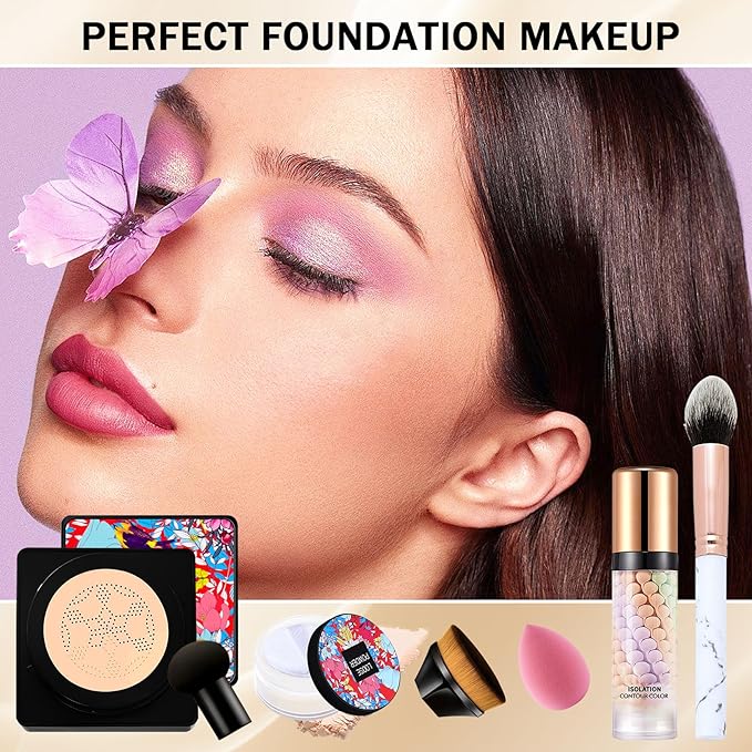6 PCS Mushroom Head Foundation Set,Mushroom Head Air Cushion CC Cream,Moisturizing Oil Control Natural Foundation,Air Cushion Concealer Moisturizing Foundation with Makeup Sponge