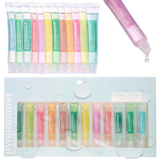12pc Lip Oil Set - Flavored Lip Oils Value Pack, Hydrating Lip Oils w/Squeeze Tube Application, Moisturizing Lip Oil Collection for Everyday Lip Care and Lip Repair (HYDROBOOST)