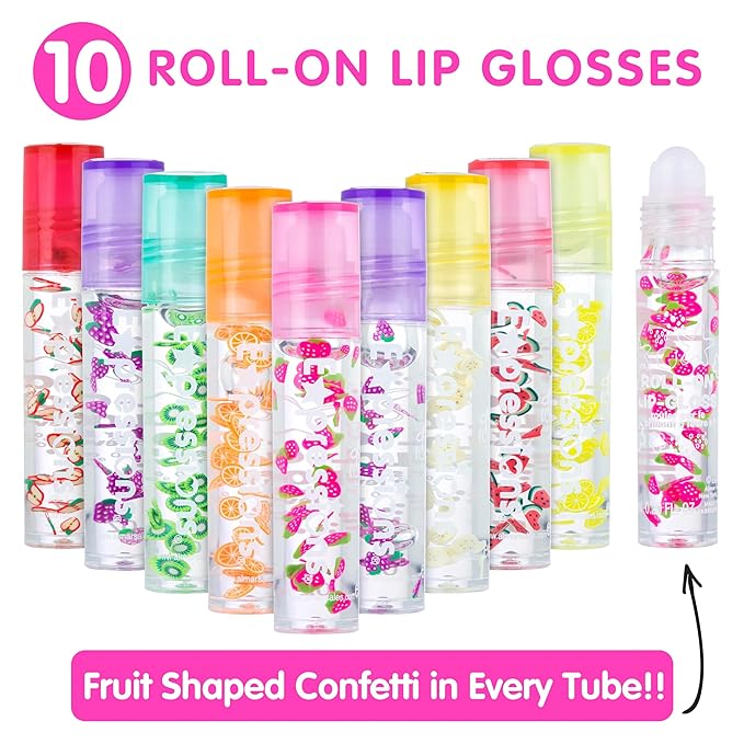 Expressions 10pc Roll On Lip Gloss Set with Carrying Case, 10-Pack Glossy Lip Makeup - Assorted Fruity Flavors, Non Toxic, Kid Friendly, Party Gift, Best Friends