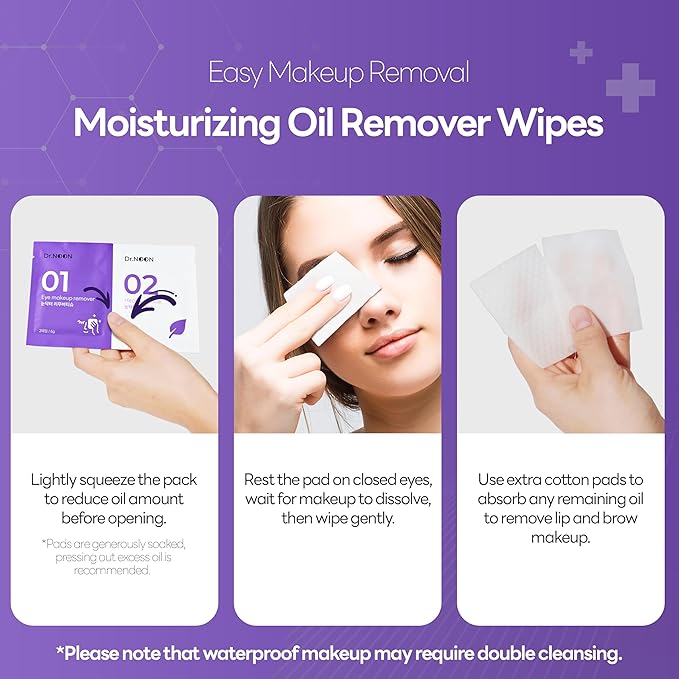Dr. NOON Oil-Based Makeup Remover & Soothing 2-Step Wipes with Pot Marigold & Melatonin for Heavy Makeup Removal, Eye Wellness | Nourishes & Hydrates Sensitive Skin, Individually Wrapped, 40 wipes