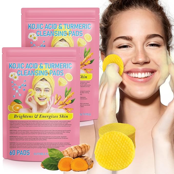 Turmeric Cleansing Pads 60 PCS, Kojic Acid and Turmeric Cleansing Pads, Turmeric Cleansing Pads for Dark Spots, Sugar Turmeric Exfoliating Cleansing Pads for Face and Body (2 pack) ﻿ ﻿