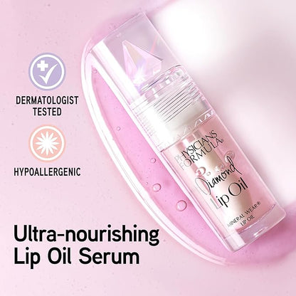 Physicians Formula Mineral Wear Diamond Lip Oil, High-Shine Serum Hybrid with Diamond Dust, Vitamin E, & Mineral Powder, Talc-Free, Cruelty-Free, & Vegan - Pink Diamond