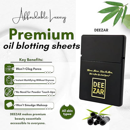Premium Oil Blotting Sheets for Face with Compact Mirror Case, Bamboo Charcoal – Ultra-Absorbent, Portable, Makeup-Friendly, 50 Thick Sheets for Oily Skin, Ideal for Quick Oil Control