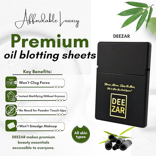 Premium Oil Blotting Sheets for Face with Compact Mirror Case, Bamboo Charcoal – Ultra-Absorbent, Portable, Makeup-Friendly, 50 Thick Sheets for Oily Skin, Ideal for Quick Oil Control