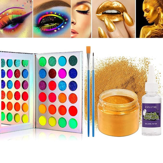 DE'LANCI Neon Eyeshadow Palette Glow in the Dark and SFX Makeup Metallic Powder,Halloween Christmas Makeup Kit UV Blacklight Matte Glitter Eye Shadow+Good Coverage Metal Powder Set for 3-4 People
