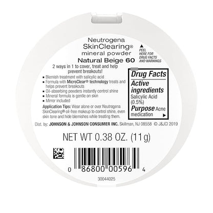 Neutrogena SkinClearing Mineral Acne-Concealing Pressed Powder Compact, Shine-Free & Oil-Absorbing Makeup with Salicylic Acid to Cover, Treat & Prevent Breakouts, Natural Beige 60,.38 oz (Pack of 2)
