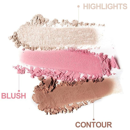 3-in-1 Blendable Trio, Contour and Highlight Blush Makeup Palette, Cream Bronzer, Silky Smooth Powder Blush, Shimmer Highlighter Makeup Powder, Travel-Friendly Stackable Make Up Kit with Mirror(01)