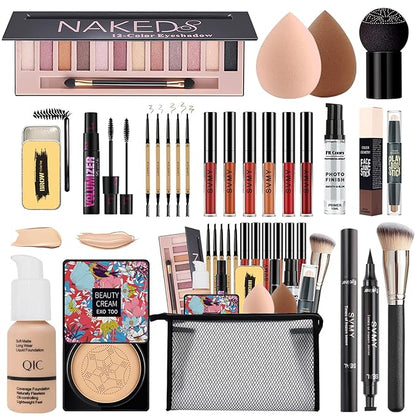 All in One Makeup Kit for Women Full Kit, 12 Colors Eyeshadow, Foundation & Primer, CC Cream, Lipsticks, Mascara, Makeup Brush & Sponge, Brow Pencil & Soap, Eyeliner, Contour Stick, Cosmetics Bag
