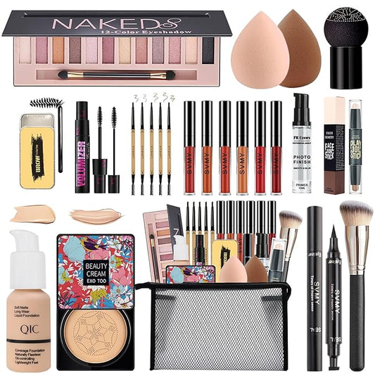 All in One Makeup Kit for Women Full Kit, 12 Colors Eyeshadow, Foundation & Primer, CC Cream, Lipsticks, Mascara, Makeup Brush & Sponge, Brow Pencil & Soap, Eyeliner, Contour Stick, Cosmetics Bag