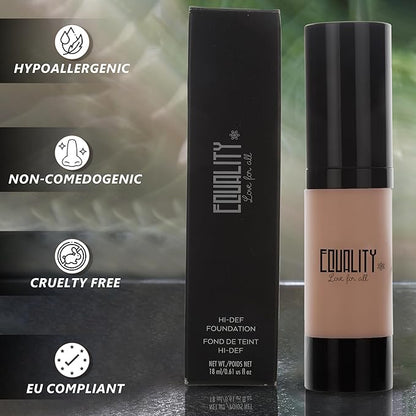 EQUALITY HI-DEF Foundation, Water resistant, Medium to Full coverage, Dewy finish non-matt, 12 hour wear Shine control, Cruelty Free, Paraben Free, 18ml/0.61 US Fl Oz - N55