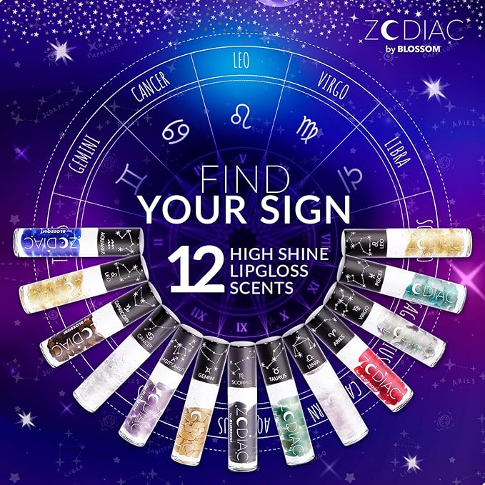 Blossom Lip Gloss Zodiac Sign Vanilla Scented Roll-On Lip Gloss, Moisturizing + Hydrating with Zodiac Crystals, Made in USA, 0.20oz, Leo