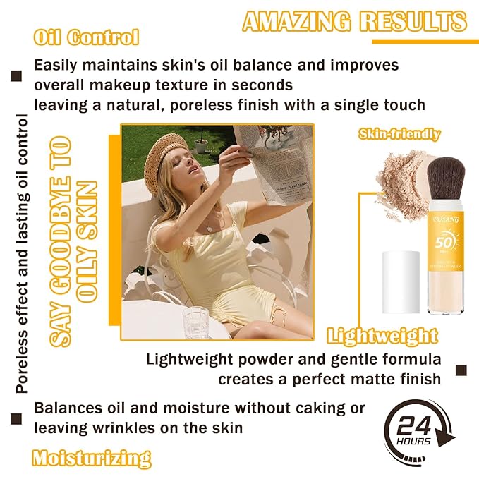 Sunscreen Setting Powder,SPF 50++ Mineral Setting Powder with Soft Sunscreen Brush,Oil Control Lightweight Brush Powder,Matte Translucent Face Powder for All Skin,Smooth Lasting Breathable Concealer