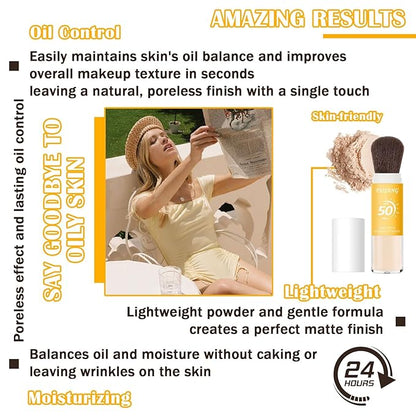 Sunscreen Setting Powder,SPF 50++ Mineral Setting Powder with Soft Sunscreen Brush,Oil Control Lightweight Brush Powder,Matte Translucent Face Powder for All Skin,Smooth Lasting Breathable Concealer