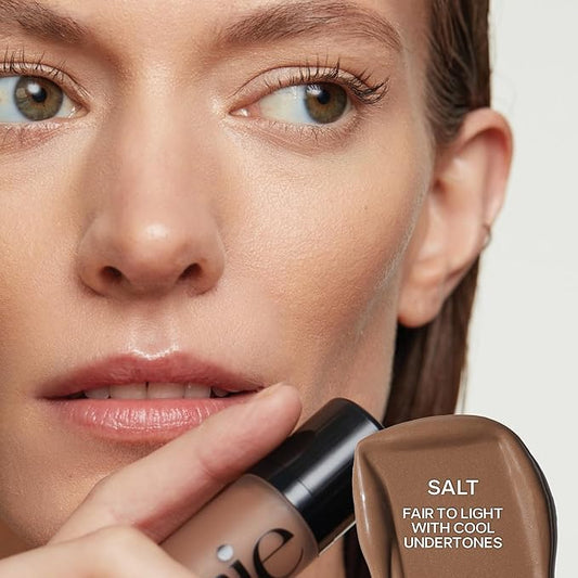 Saie Radiant Glow Duo - Dew Bronze Soft-Focus Liquid Bronzer in Salt (0.4 oz) & Mini Glowy Super Gel Lightweight Illuminator in Sunglow (0.5 oz), Hydrating Makeup Essentials for a Sun-Kissed Glow