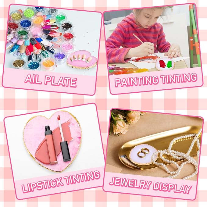 Ouligay 2pcs Heart-Shaped Resin Nail Art Palette, Gold Edge Round Makeup Mixing Palette, Nail Polish Plate, Nail Art Display Board Makeup Plate Cosmetic Mixing Tools